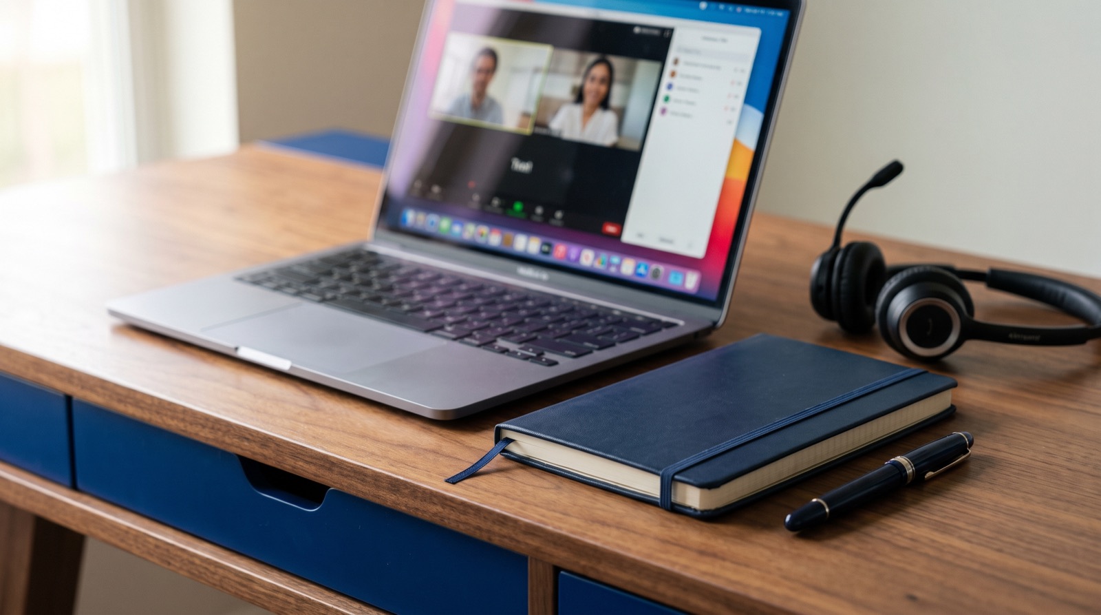 Un bureau prêt pour un entretien de vente en ligne avec ordinateur, carnet, stylo et casque