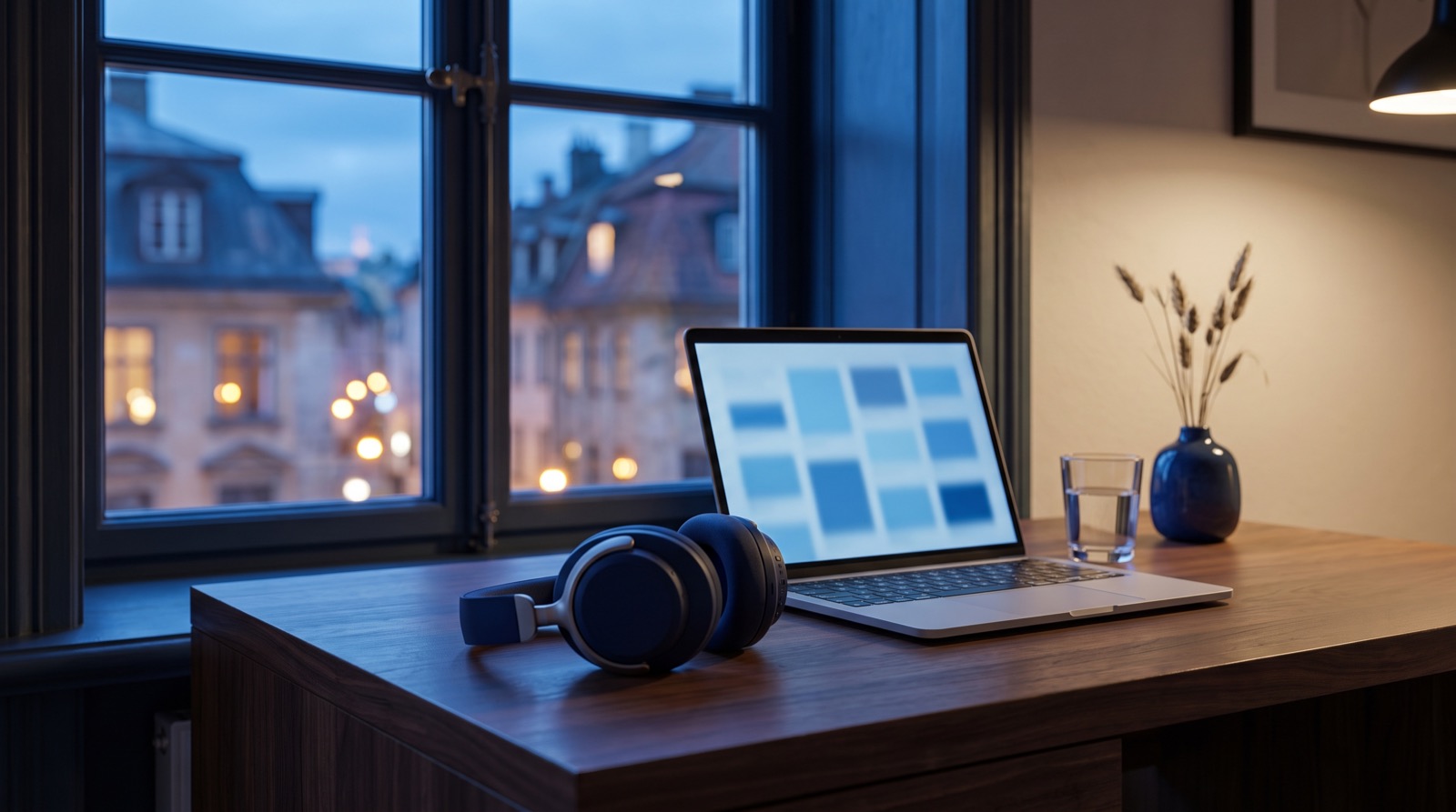 Un ufficio in casa silenzioso al tramonto con cuffie accanto a un portatile con un calendario settimanale