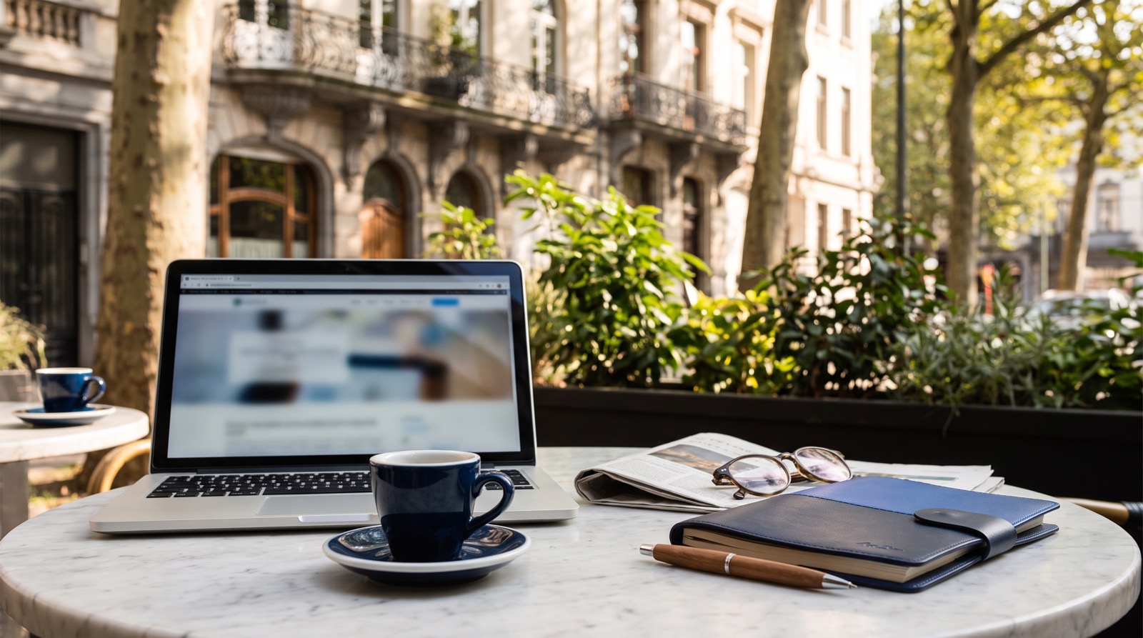 Zwei Espressotassen und ein Laptop auf einer sonnigen Café-Terrasse in Brüssel